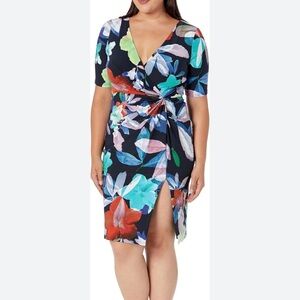 Adrianna Papell Floral Short Sleeve Midi Knee Length Dress Cocktail Wedding EUC